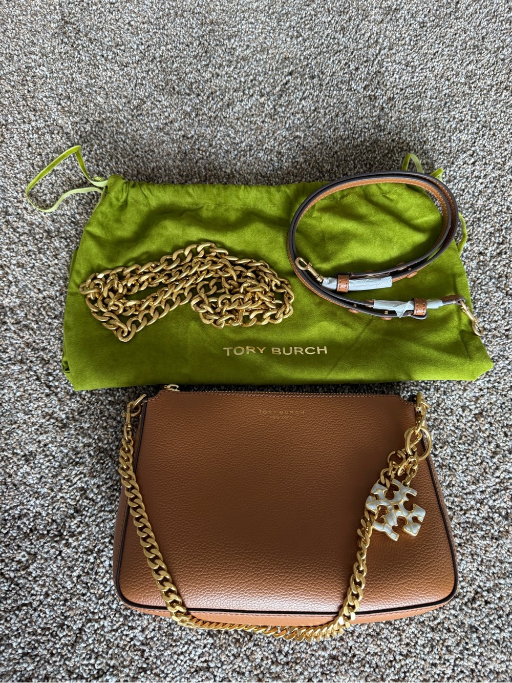 Tory Burch Brown Pebbled Leather Crossbody with Gold Chain
